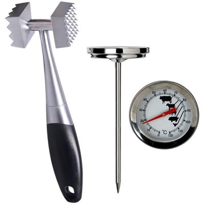 Stainless Steel Meat Tenderiser Mallet Hammer & Meat Thermometer
