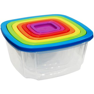 7PC Square Air Tight Food Box Set with Rainbow Lids and Space Saving Nesting Design