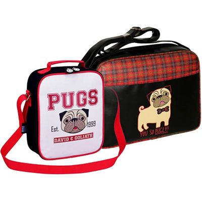  David & Goliath Pug Bag Set 'You So Pugly' Tartan Messenger Bag & Pugs Lunch Bag