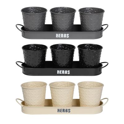 Herb Pot Planters with Embossed Decorative Finish & Tray